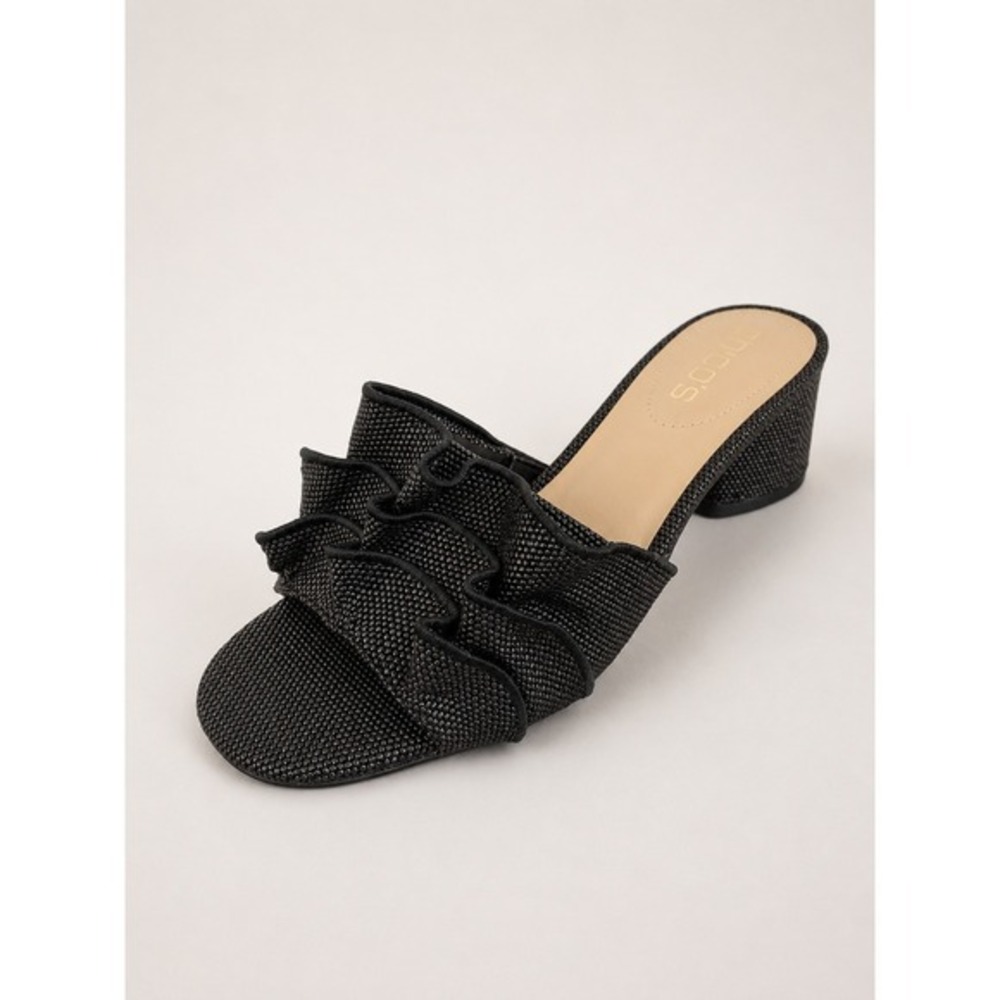 Chico's Whitney Raffia Ruffle Slide Sandals‎ Women 6.5M Black Block Heels NWOB